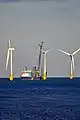 A Jackup rig servicing one of the wind turbines