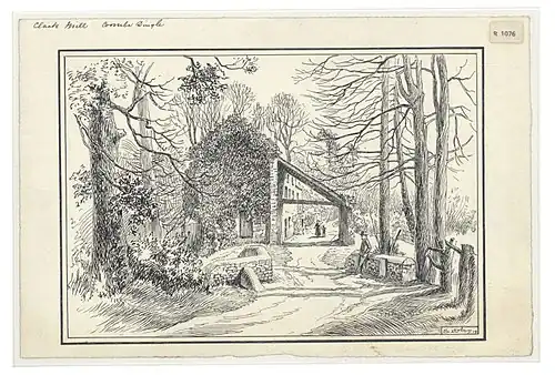 The Clack Mill on the Trym below Dingle Road Bridge.  Pen drawing by Samuel Loxton.  Picture credit: Bristol Reference Library.