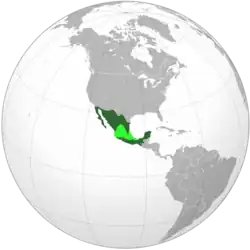 Territory administered (light green) and territory claimed (dark green) by the Second Mexican Empire on April, 1864 when Maximilian accepted the throne.