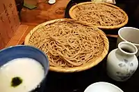 Soba served on a zaru