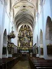 Interior of the Parish Church of St. Maria in Seitenstetten, Austria, showing the high altar and pulpit sculptures by F. J. Feuchtmayer