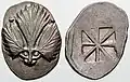 Didrachm bearing selinon leaf, two pellets above. Incuse square divided into eight sections. c. 540/530-510 BC.