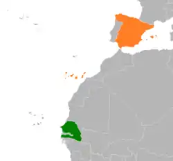 Map indicating locations of Senegal and Spain