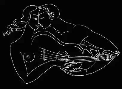 White-on-black drawing of a couple seranading each other