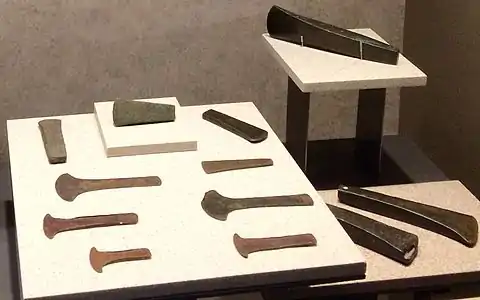 Photo of a second set of Mesoamerican bronze axes displayed in the National Museum of Anthropology in Mexico City