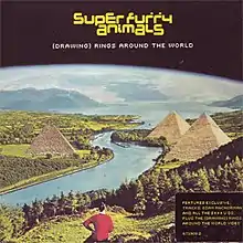 Cover shows curvature of earth, a river, mountains in the background, two pyramids, greenery and one figure in foreground.