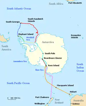 Outline of Antarctica coast, with different lines indicating the various journeys made by ships and land parties during the expedition