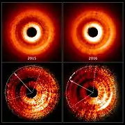 Shadow moving counterclockwise around a gas and dust disc.