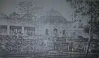 The mosque (prior to the construction of its veranda) and the Bara Gumbad, c. 1900s.