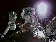 Taikonaut Zhai Zhigang performing a spacewalk on the Tiangong space station during Shenzhou 13