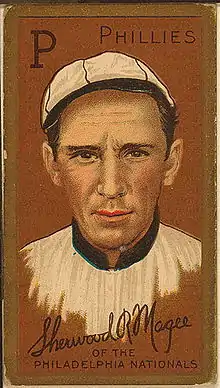 A baseball-card image of a man in an old-style white baseball cap and jersey