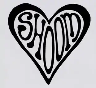  Shoom's logo which comprises the name of the club written in a font influenced by 1960's Psychedelic art, around which is a border in the shape of a love-heart. This is a black-and white version, but it came in other colour combinations