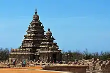 The rock-cut Shore Temple of the temples in Mahabalipuram, Tamil Nadu, 700–728. Showing the typical dravida form of tower.