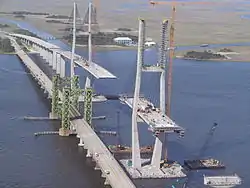 Original Sidney Lanier Bridge on left, new bridge under construction, April 2001