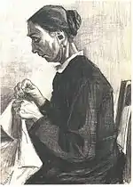 Sien, Sewing, Half-Figure, pencil, black mountain chalk 1883, Museum Boijmans Van Beuningen, Rotterdam, The Netherlands (F1025, JH346)