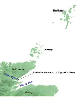 The Orkney and Shetland islands lie to the north and east of the north-east coast of mainland Scotland. Caithness is the northernmost part of the mainland, with Moray further south. Caithness and Moray are divided by a firth, called the Moray Firth. Just north of this, towards Caithness, lies another firth, the Dornoch Firth, into which flows the River Oykel. Sigurd's Howe lies on the north bank of Dornoch Firth.