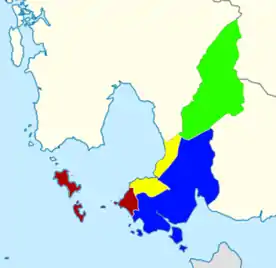 Sihanoukville Province’s subdivisions:Sihanoukville Municipality (dark red), Stueng Hav (yellow), Prey Nob (blue), Kampong Seila (green)