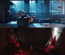 A double frame of Dua Lipa dancing in a dark loft with flickering light, wearing a white and red outfit on top, and Mark Ronson and Diplo sitting in a dark elevator on the bottom.