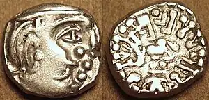 Silver coin of king Krishnaraja (r. c. 550-575) of the Kalachuri dynasty, on the model of the Western Satraps. of Kalachuri dynasty