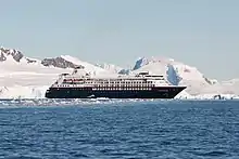 Photograph of a cruise ship off the Antarctic coast