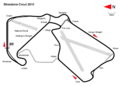 2010: New infield "Arena" section was added to the layout, while Bridge and Priory corners are suppressed. Club re-profiled to allow grid boxes to be in line. Motorbike circuit inside Luffield removed.