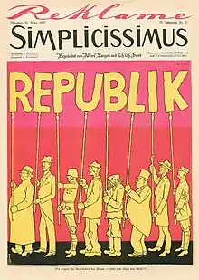 Munich Secession — Historical cartoon despicting the Weimar Republic as a 'republic without republicans.' Published in the politically daring and visually modern magazine Simplicissimus on 21 March 1927.