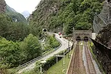 South portal at Iselle di Trasquera railway station. The picture was taken through a loophole of an old Italian World War II bunker. The bunkers weapons were directed to the tunnels south portal.