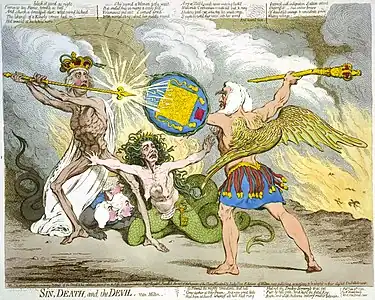 In Sin, Death and the Devil (1792), James Gillray caricatured the political battle between Pitt and Thurlow as a scene from Paradise Lost. Pitt is Death and Thurlow Satan, with Queen Charlotte as Sin in the middle.