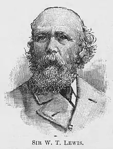 A black and white engraving of the bust of Sir William Lewis; he is shown looking to the left of the viewer. His hair has receded to the top of his head, but is slightly bushy at the sides; he has a full beard and wears a wide-lapelled jacket and tie.