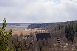 Aerial view of the village and church