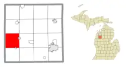 Location within Wexford County and portions of the Caberfae CDP (1) and village of Harrietta (2)