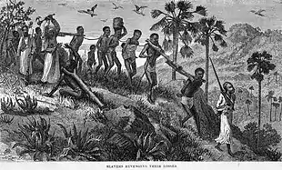 Arab slave traders and their captives near the Ruvuma (Rovuma) river in today's Tanzania and Mozambique, then under Portuguese rule (1866).