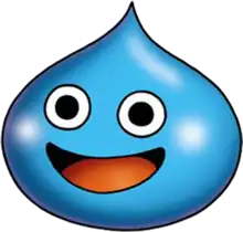 A blue, tear-drop shaped creature with large round black eyes, a wide mouth and a red tongue.