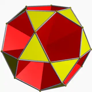 The nonconvex small icosihemidodecahedron looks like a pentakis icosidodecahedron with inverted pentagonal pyramids meeting at the polyhedron center.