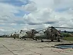 Outdoor exposition of helicopters, Mi-24 and Mi-17