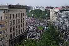 Aleksandar Vučić speaking at the SNS-organised "Serbia of Hope" gathering on 26 May 2023 in front of the National Assembly of Serbia