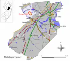 Map of Society Hill highlighted within Middlesex County. Inset: Location of Middlesex County in New Jersey.