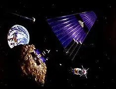 A Bernal sphere next to a solar power satellite and an asteroid mining station