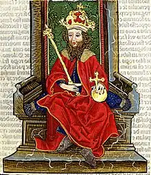 Chronica Hungarorum, Thuróczy chronicle, King Solomon of Hungary, throne, crown, orb, scepter, medieval, Hungarian chronicle, book, illustration, history