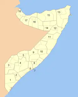 A clickable map of Somalia exhibiting its eighteen administrative regions.