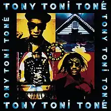 A group of four pictures is bordered by a black background with the name "Tony Toni Toné" written four times in blue.  The upper right corner photo of the group of pictures is a black and yellow image of a man in a hat and sunglasses.  The upper left corner photo depicts a white house with a dark blue sky and a blue window. The lower left photo contains a red an black image of a man with sunglasses and dreadlocks. The lower right corner photo depicts a man in a black suit and gloves with white circles on them.  He is seated in front of a piano that is facing the viewer.  In the center of the photo, a circle contains the phrase "Sons of Soul".