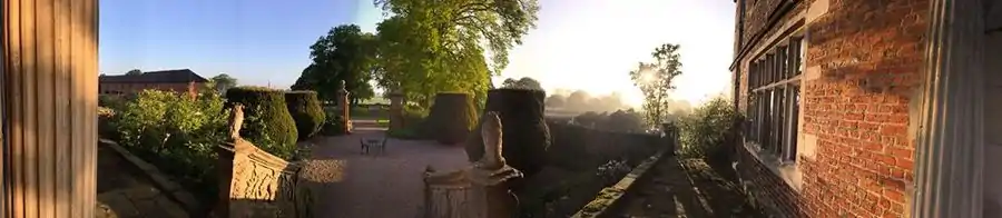 View from front door of Soulton Hall, showing the pillared forecourt