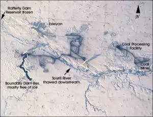 Estevan, and the Estevan Coalfield, along the Souris River, viewed from the Space Shuttle, February 2001