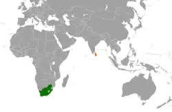 Map indicating locations of South Africa and Sri Lanka