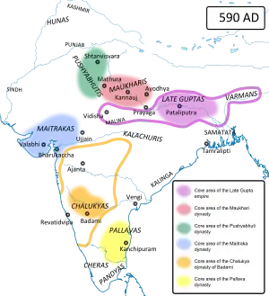 Maitrakas (in blue) and their contemporaries in India  in 590 AD