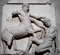 Possibly designed by Calamis: Southern metope of the Parthenon, original. British Museum.