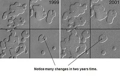 Changes in south pole from 1999 to 2001, as seen by Mars Global Surveyor.  Notice how Swiss-cheese type holes have grown in the two years.