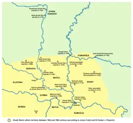 Territory with South Slavic majority between 16th and 18th century (according to Jovan Cvijić and Dušan J. Popović)