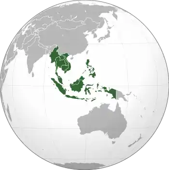 A map of East Asia highlighting the Southeast Asian region in green (including the nations of Myanmar, Thailand, Malaysia, Singapore, Indonesia, Brunei, East Timor, Cambodia, Laos, Vietnam, and the Philippines)