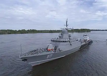 A Russian Karakurt-class corvette with the AK-176MA-01 variant